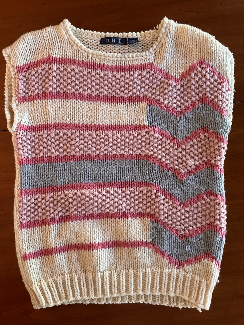 Vintage 80s 90s Hand Knit Sweater Vest Textured Pink Gray Cream Chunky Large